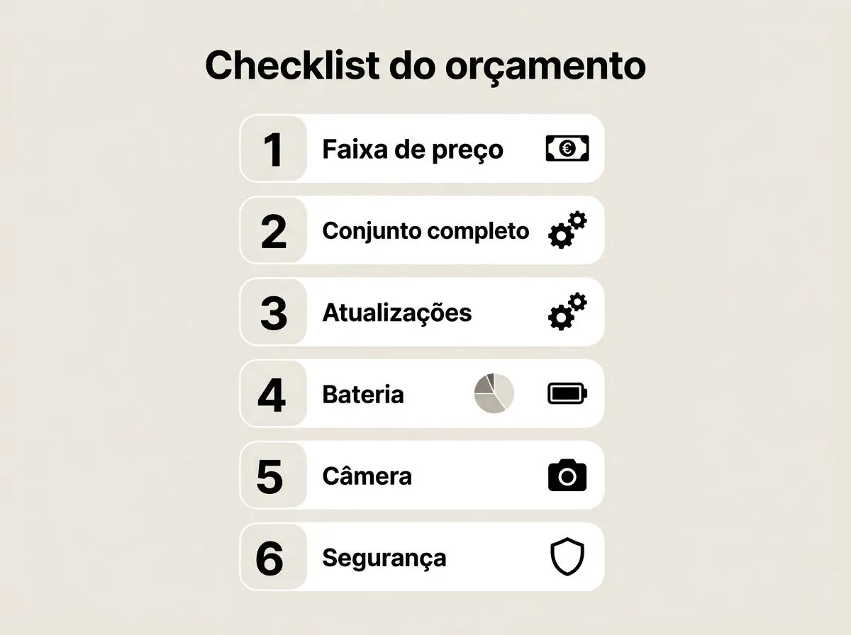 Infográfico com checklist para escolher um celular bom e barato, incluindo faixa de preço, atualizações, bateria, câmera e segurança.