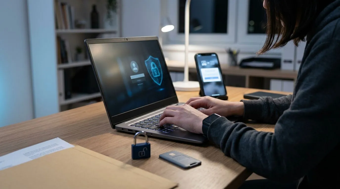 Pessoa digitando e usando autenticação, com foco em privacidade ao compartilhar dados financeiros com inteligência artificial.