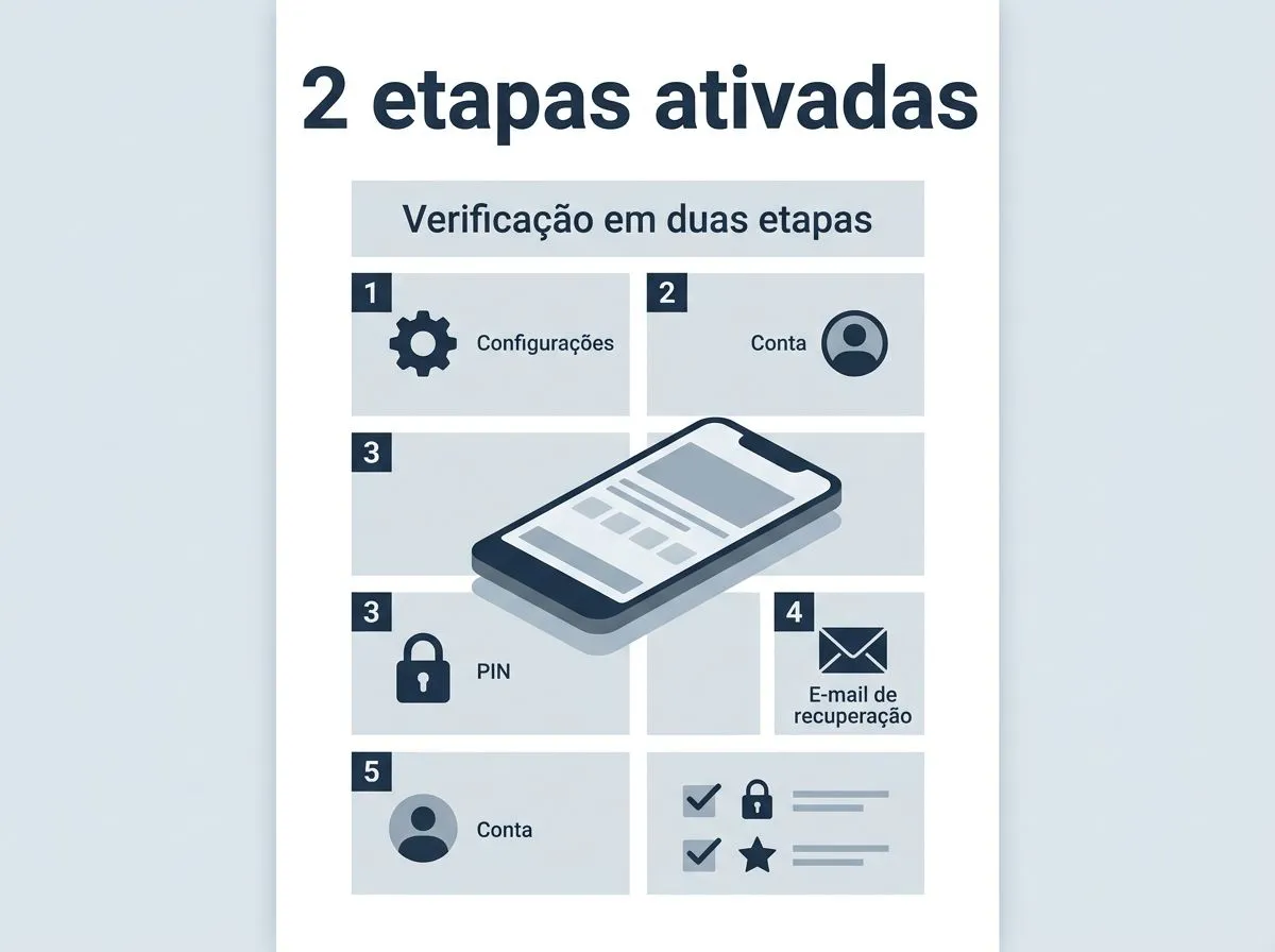 Infográfico mostrando etapas para ativar a verificação em duas etapas do WhatsApp, com ícones de cadeado, PIN e e-mail.