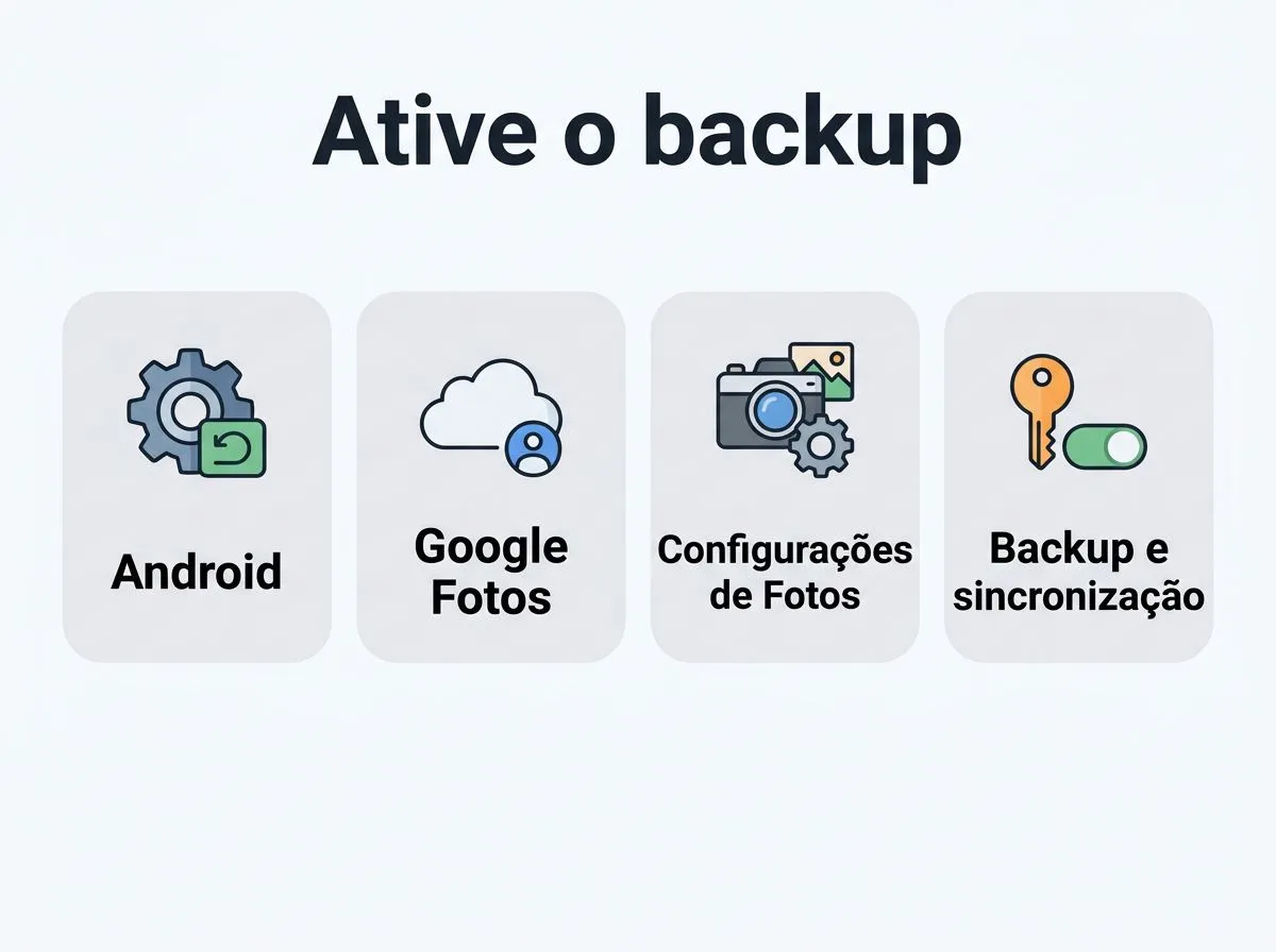 Infográfico com passos para ativar backup automático de fotos no celular e no computador, com ícones genéricos e sem marcas.
