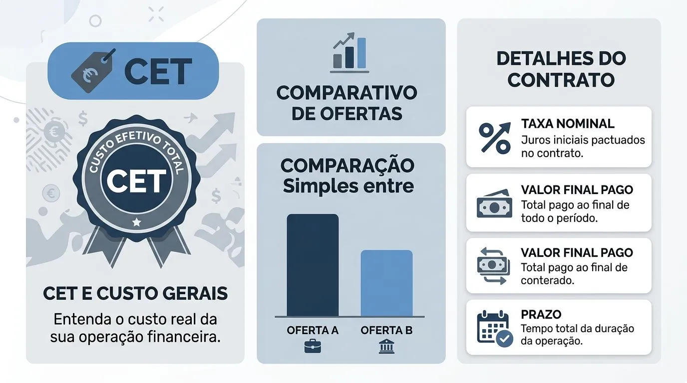 Infográfico comparando ofertas de empréstimo pessoal pelo CET, com foco em custo total, prazo e taxa nominal.