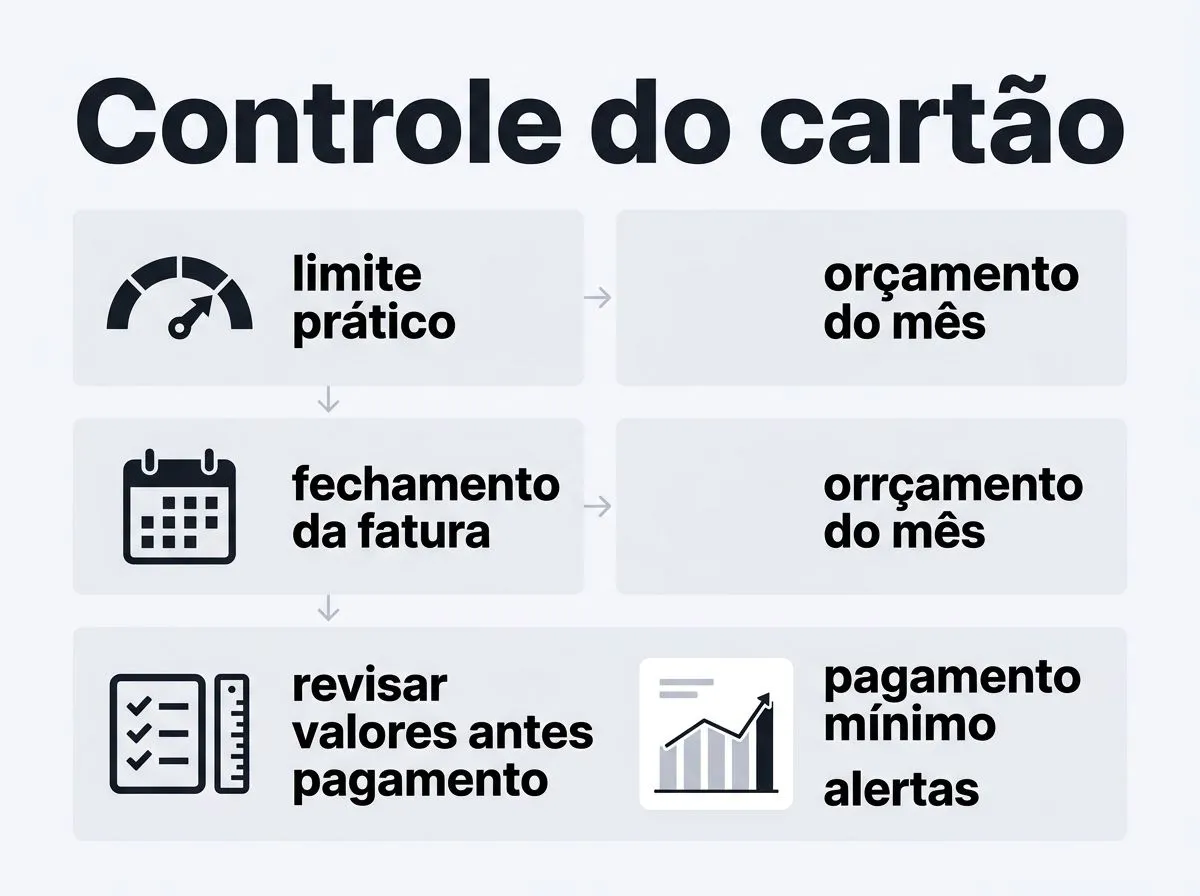 Infográfico com regras práticas de limite, fechamento da fatura e pagamento mínimo para manter o controle do cartão.